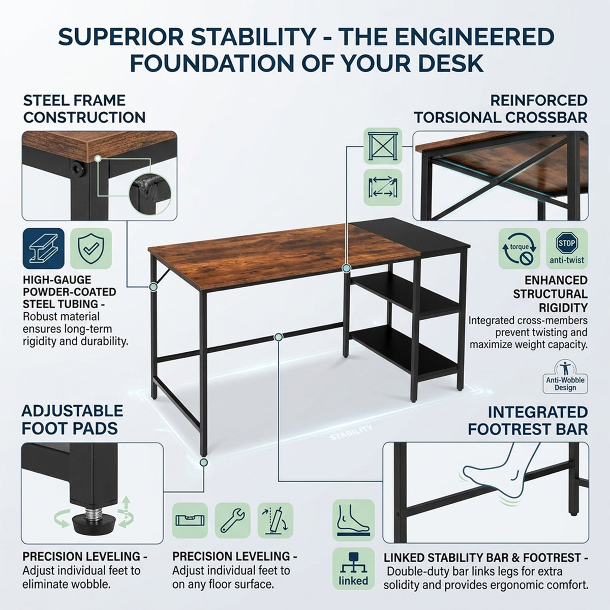 140cm Computer Desk 2 Tier Storage Shelves Steel Frame Office Study Table Brown