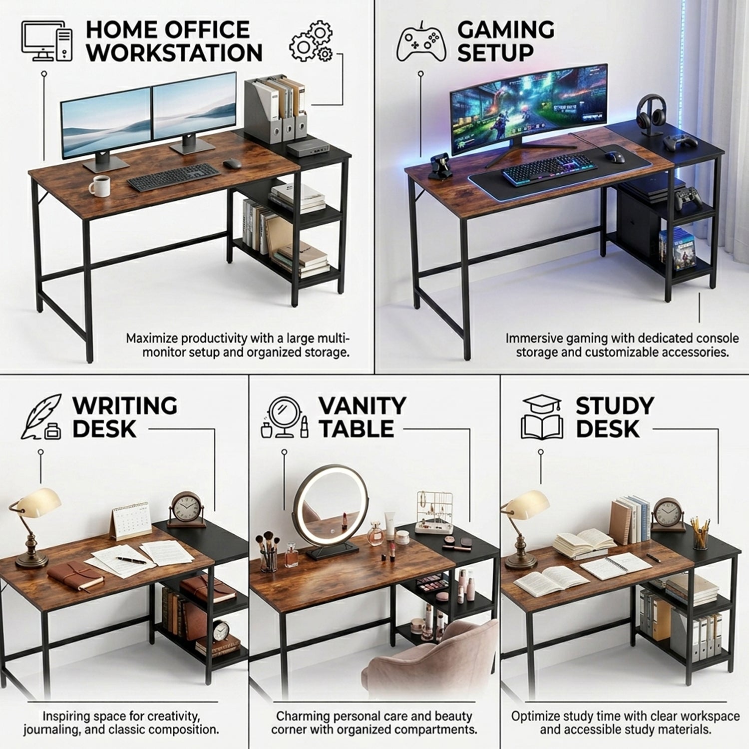 140cm Computer Desk 2 Tier Storage Shelves Steel Frame Office Study Table Brown