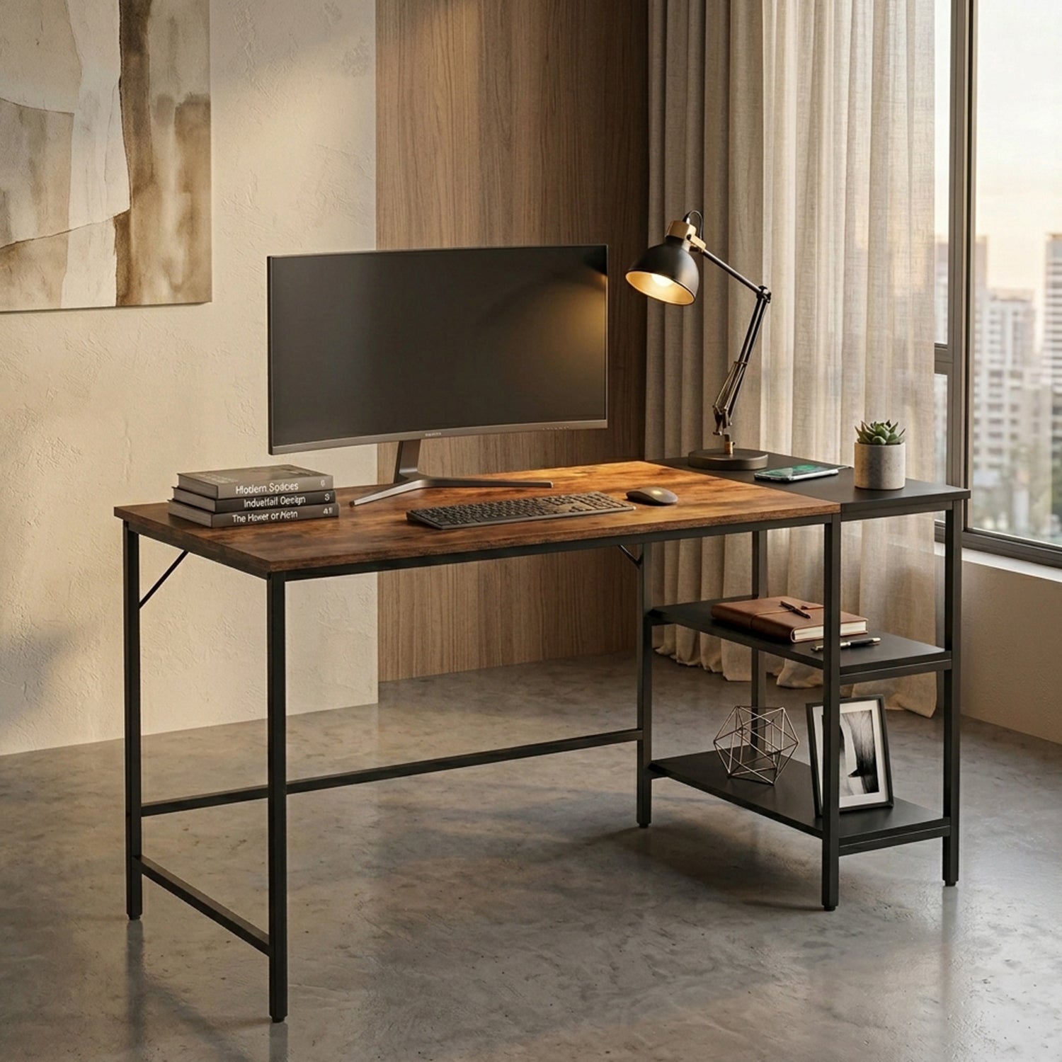 140cm Computer Desk 2 Tier Storage Shelves Steel Frame Office Study Table Brown