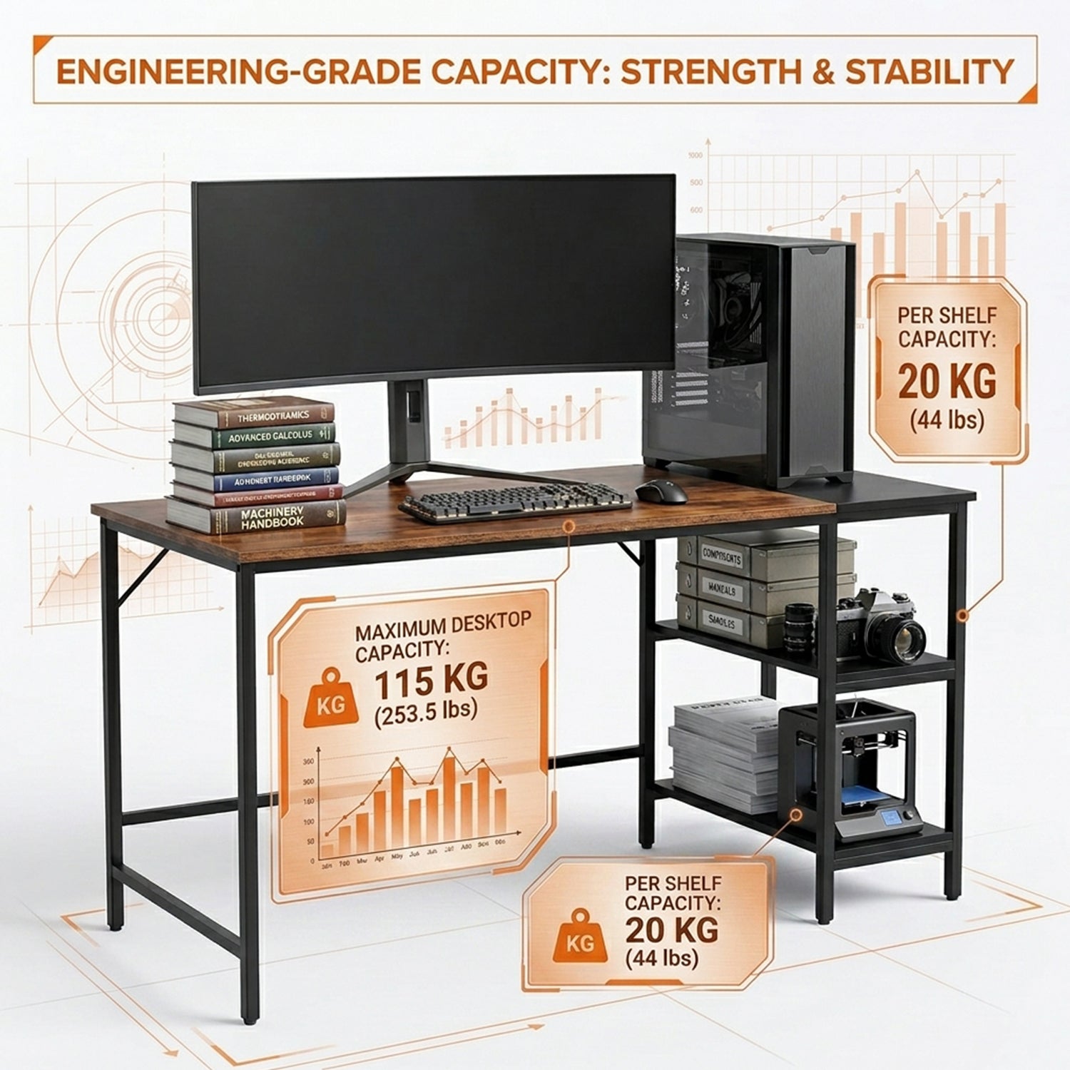 140cm Computer Desk 2 Tier Storage Shelves Steel Frame Office Study Table Brown
