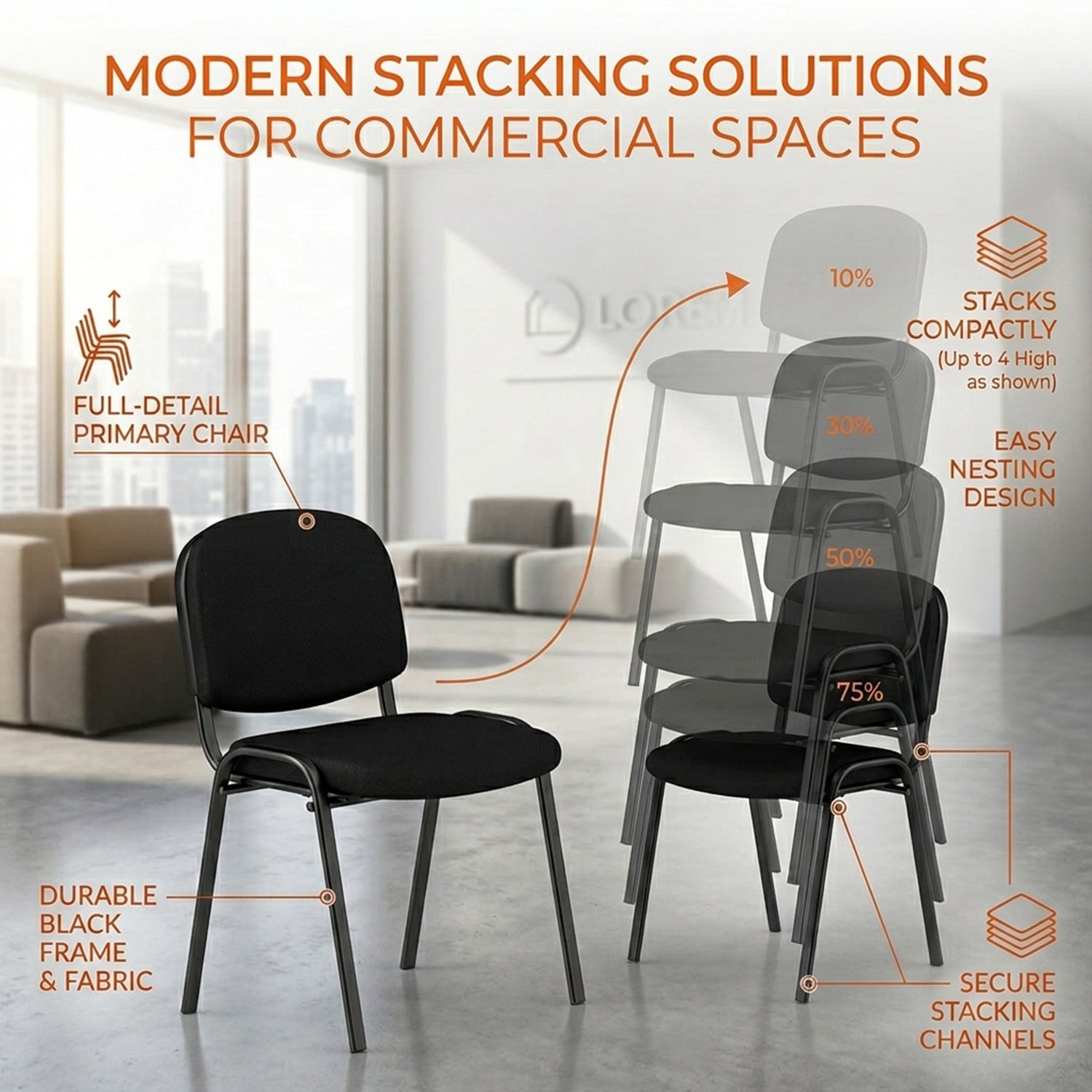 5 Pack Stackable Conference Chairs Padded Cushion Guest Office Chair Black