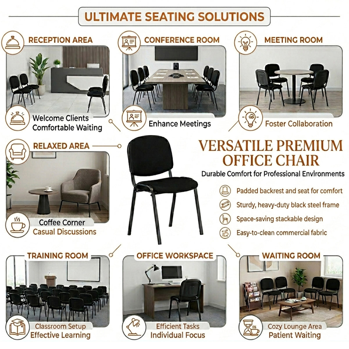 5 Pack Stackable Conference Chairs Padded Cushion Guest Office Chair Black