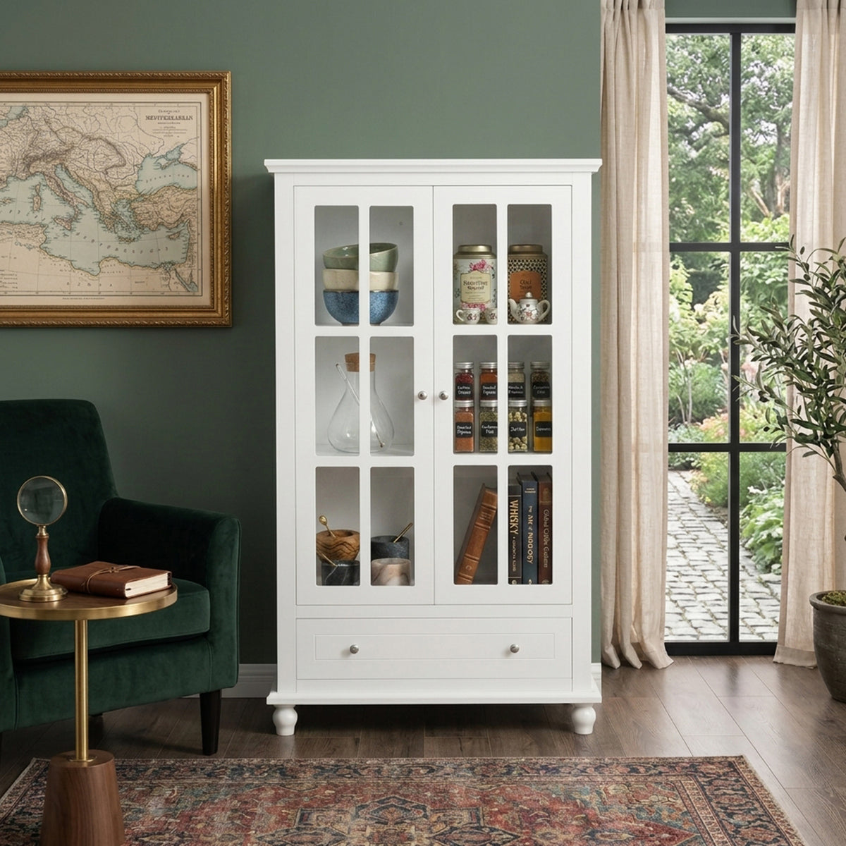139cm Bookcase Cabinet Tempered Glass Doors Adjustable Shelf White Storage