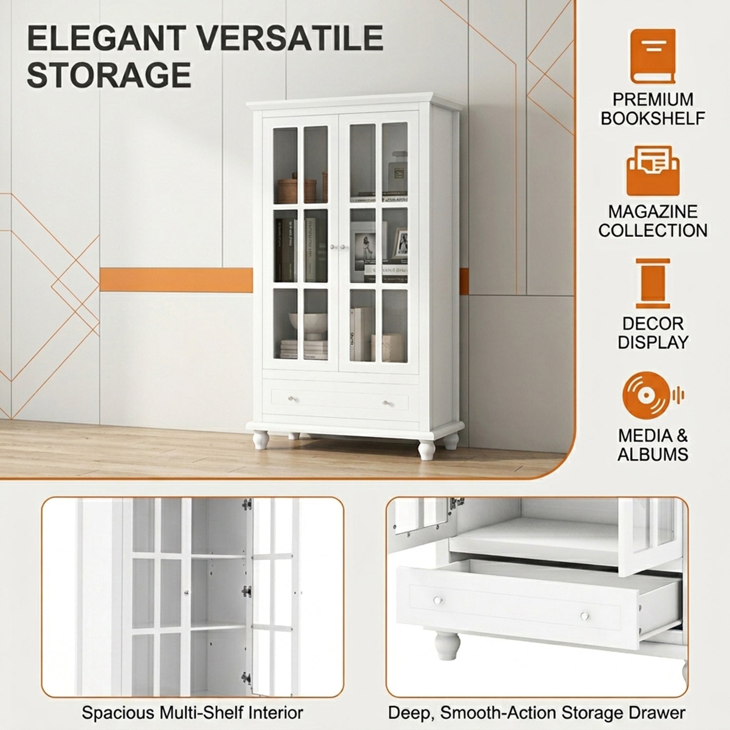 139cm Bookcase Cabinet Tempered Glass Doors Adjustable Shelf White Storage