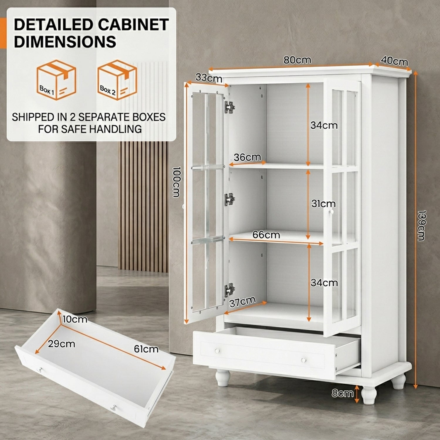 139cm Bookcase Cabinet Tempered Glass Doors Adjustable Shelf White Storage