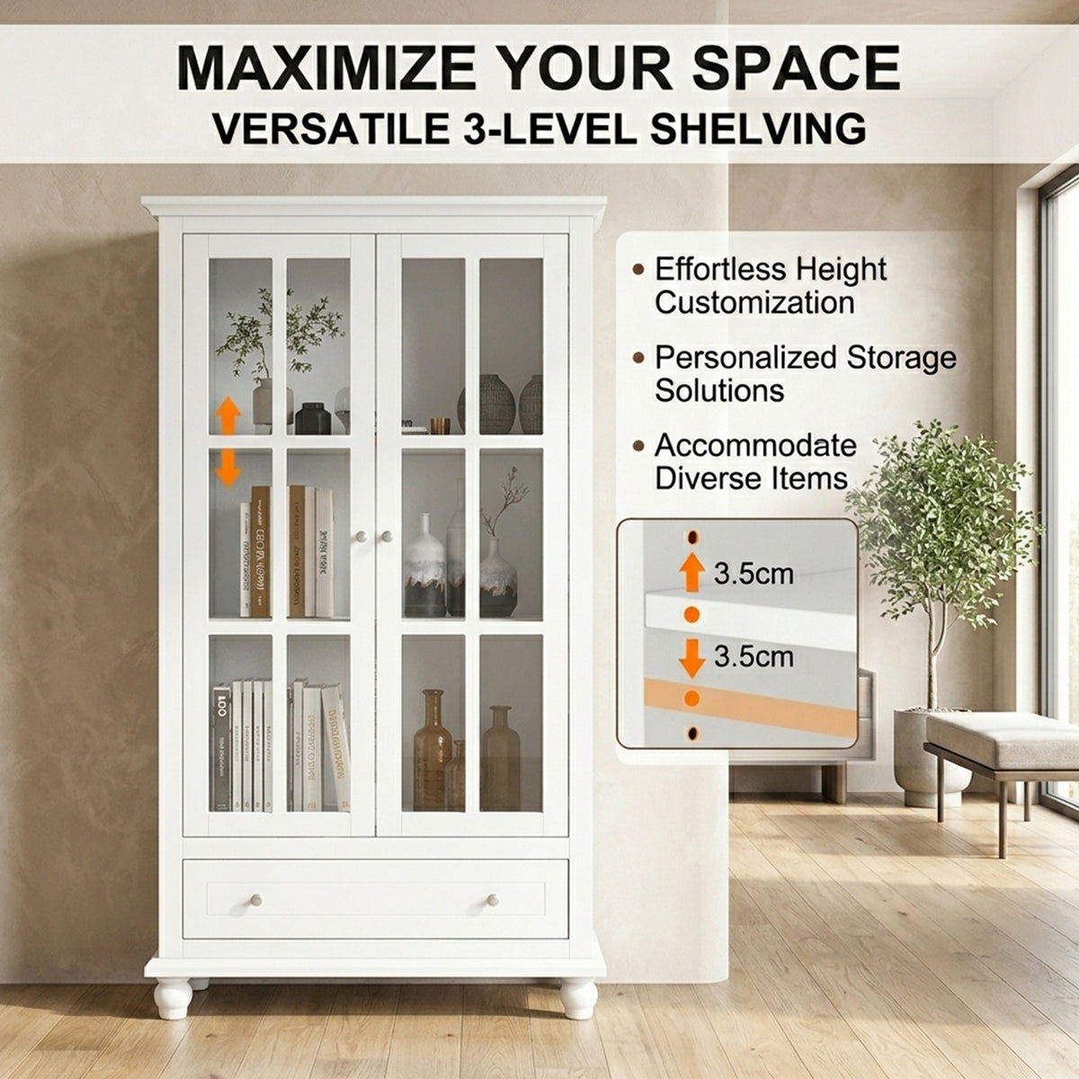 139cm Bookcase Cabinet Tempered Glass Doors Adjustable Shelf White Storage