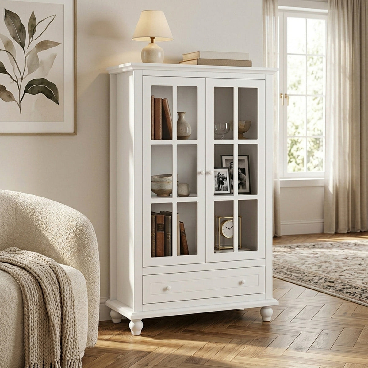 139cm Bookcase Cabinet Tempered Glass Doors Adjustable Shelf White Storage