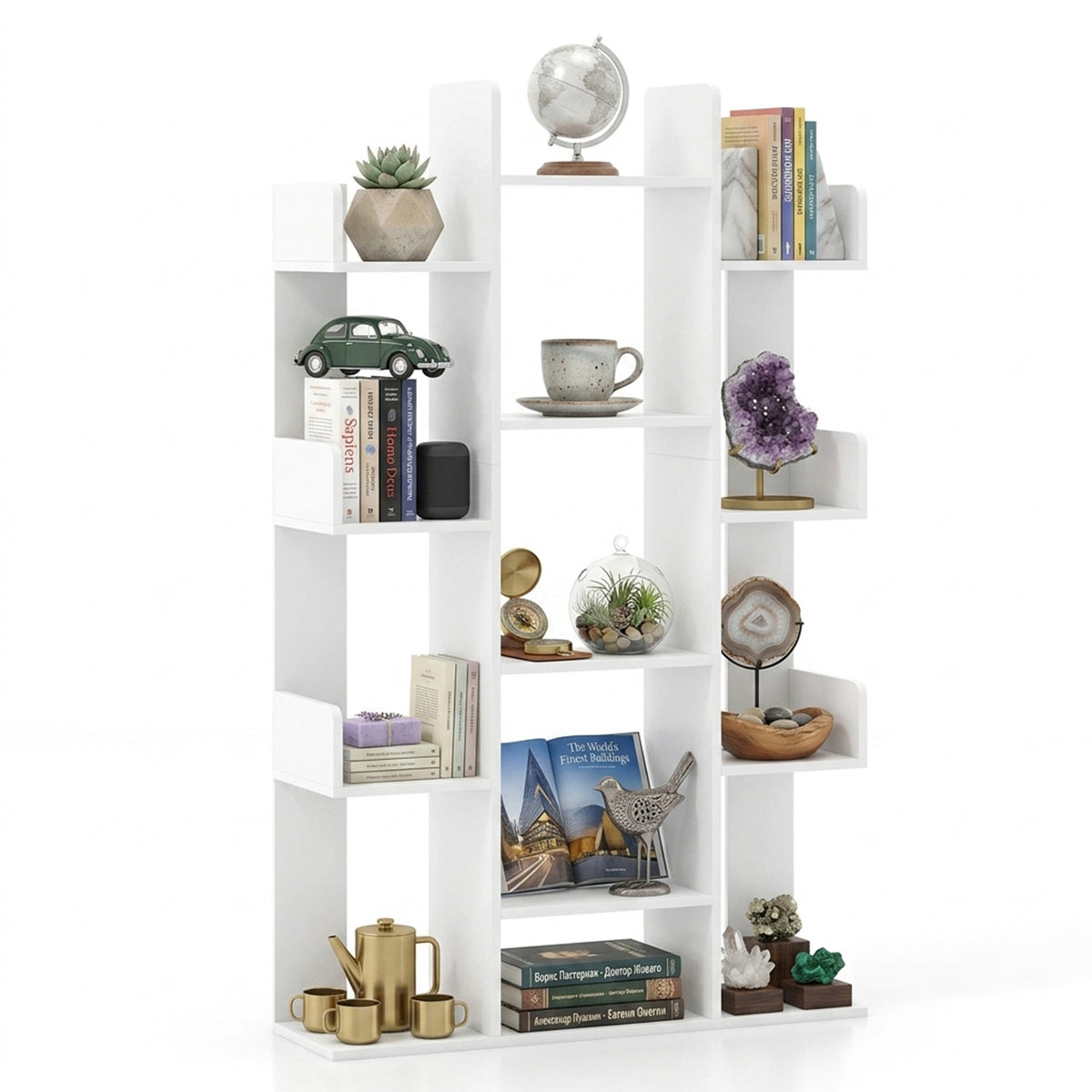 Tree Bookshelf 13 Open Shelves Living Room Study Office Storage Display White