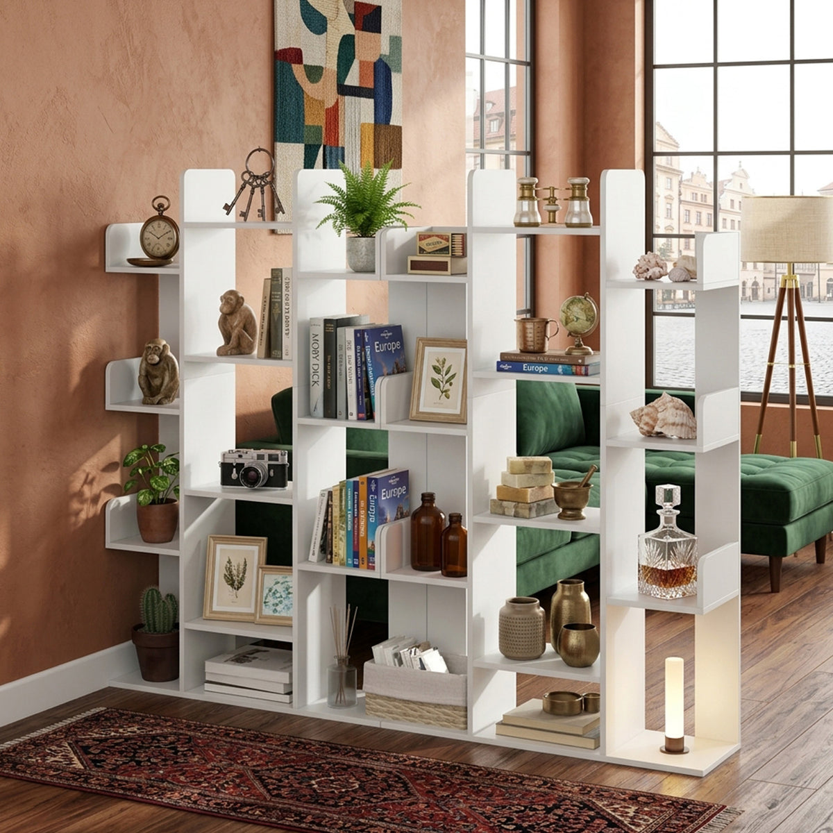 Tree Bookshelf 13 Open Shelves Living Room Study Office Storage Display White