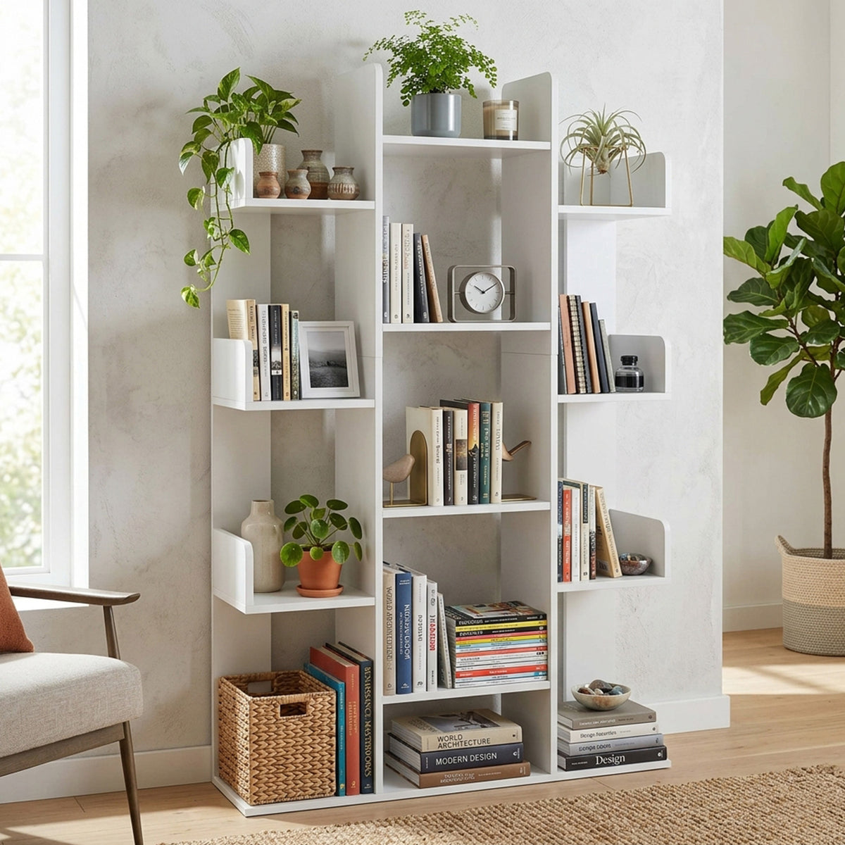 Tree Bookshelf 13 Open Shelves Living Room Study Office Storage Display White