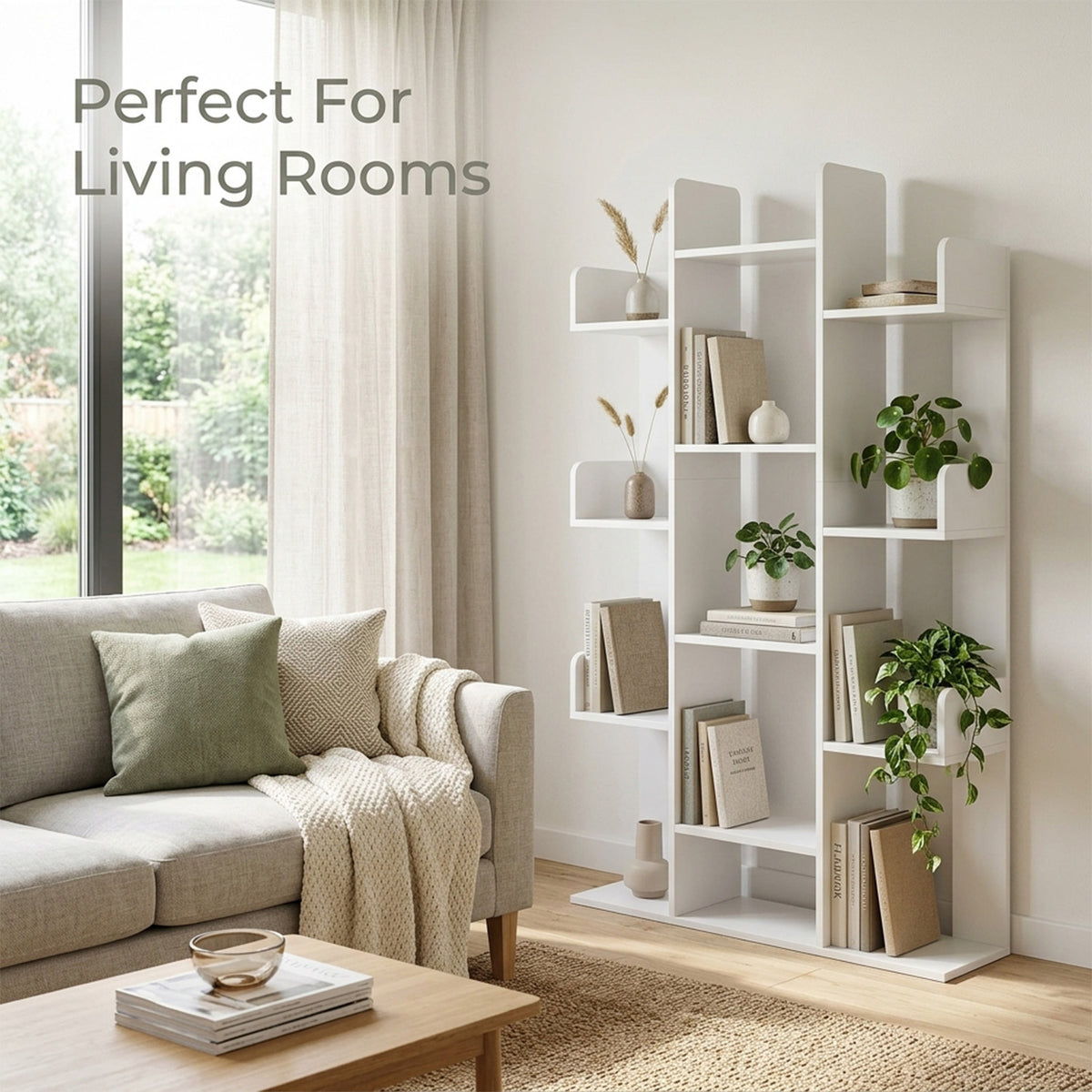 Tree Bookshelf 13 Open Shelves Living Room Study Office Storage Display White