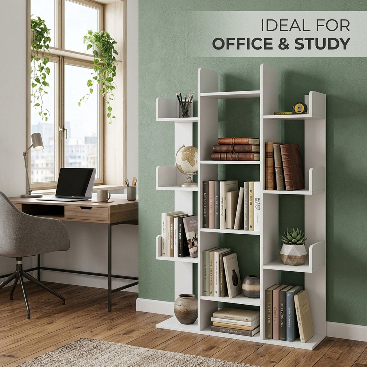 Tree Bookshelf 13 Open Shelves Living Room Study Office Storage Display White
