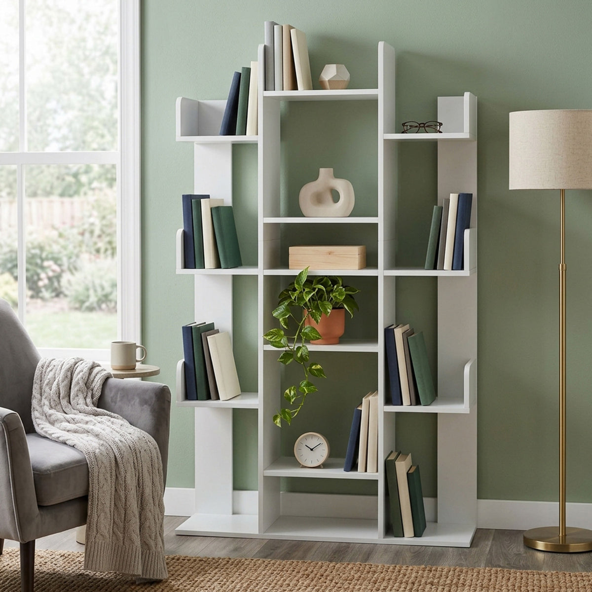 Tree Bookshelf 13 Open Shelves Living Room Study Office Storage Display White