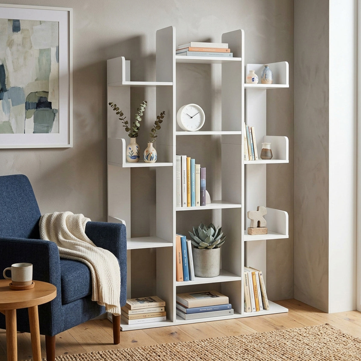 Tree Bookshelf 13 Open Shelves Living Room Study Office Storage Display White