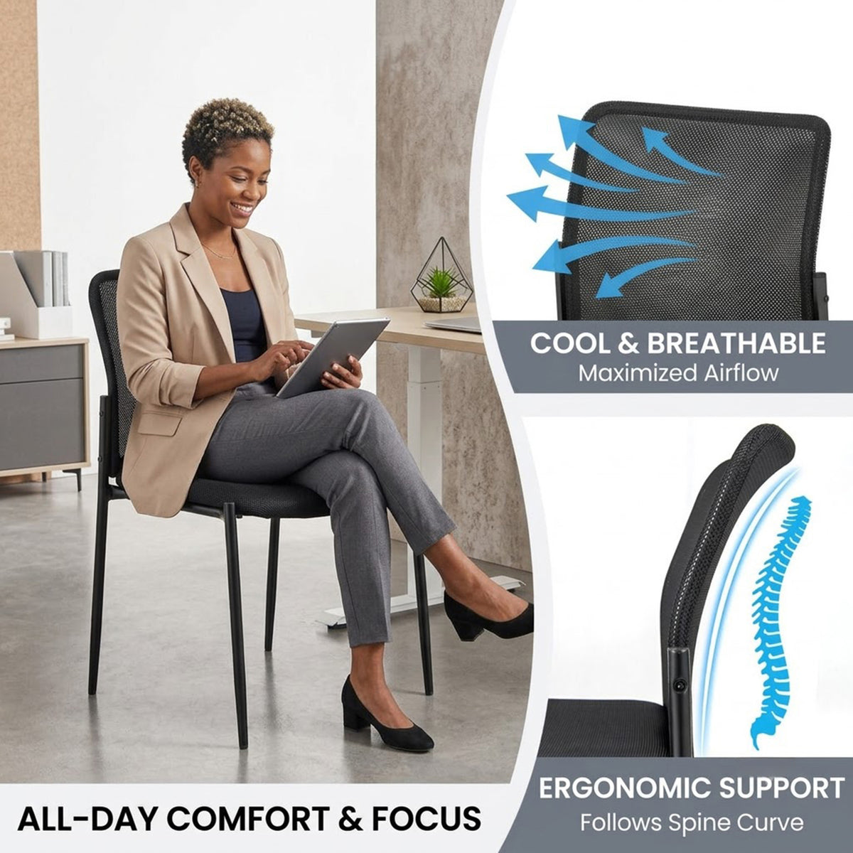 Set of 2 Waiting Room Chairs Ergonomic Mesh Back Padded Seat Office Reception