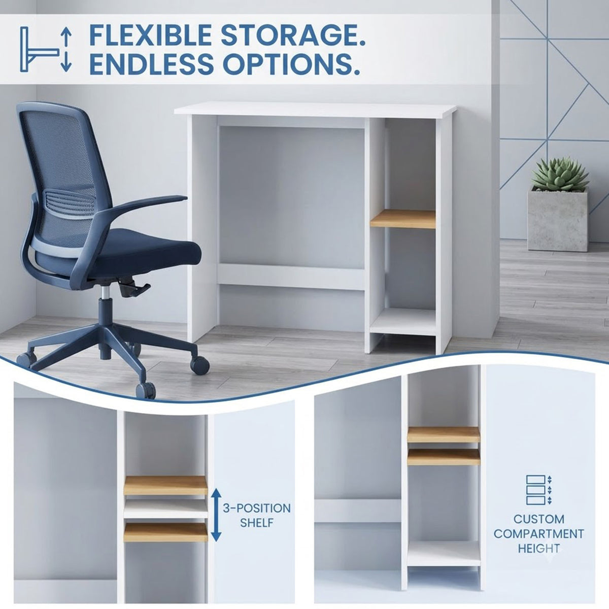 Small Computer Desk Modern Writing Desk with Adjustable Shelf Home Office White