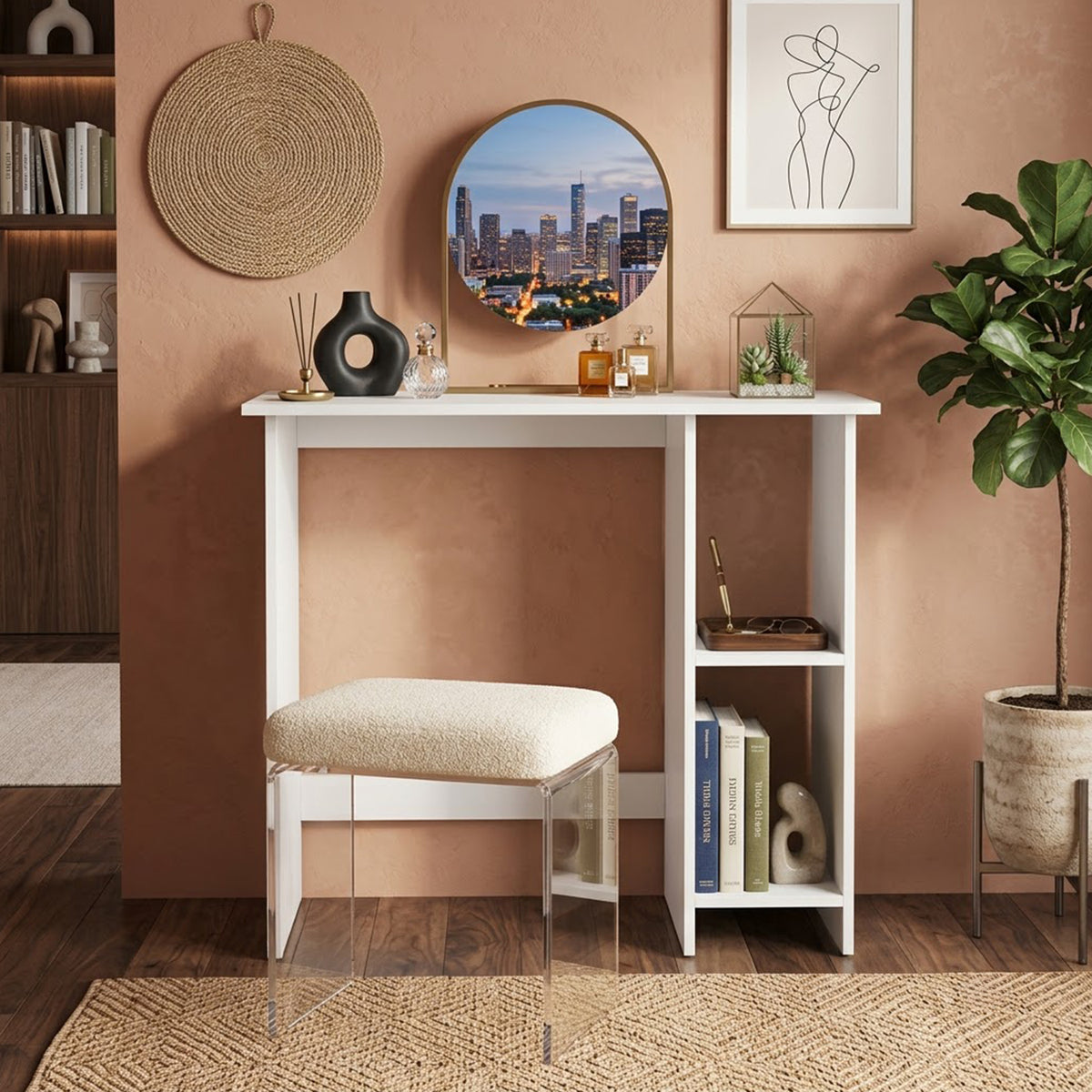 Small Computer Desk Modern Writing Desk with Adjustable Shelf Home Office White