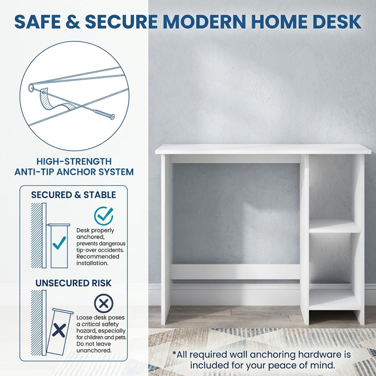 Small Computer Desk Modern Writing Desk with Adjustable Shelf Home Office White