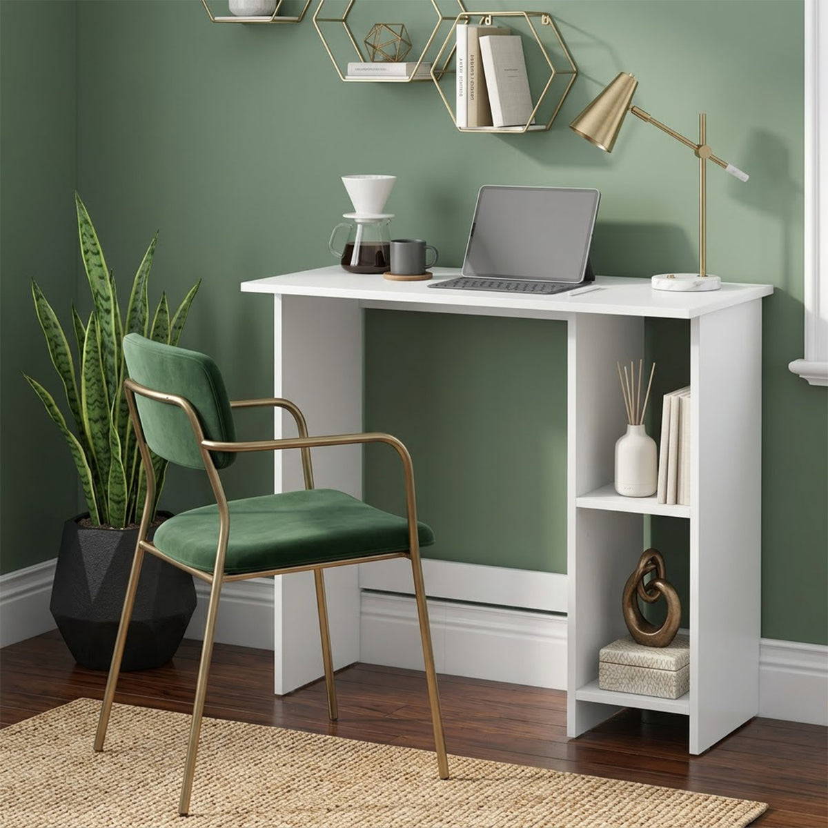 Small Computer Desk Modern Writing Desk with Adjustable Shelf Home Office White