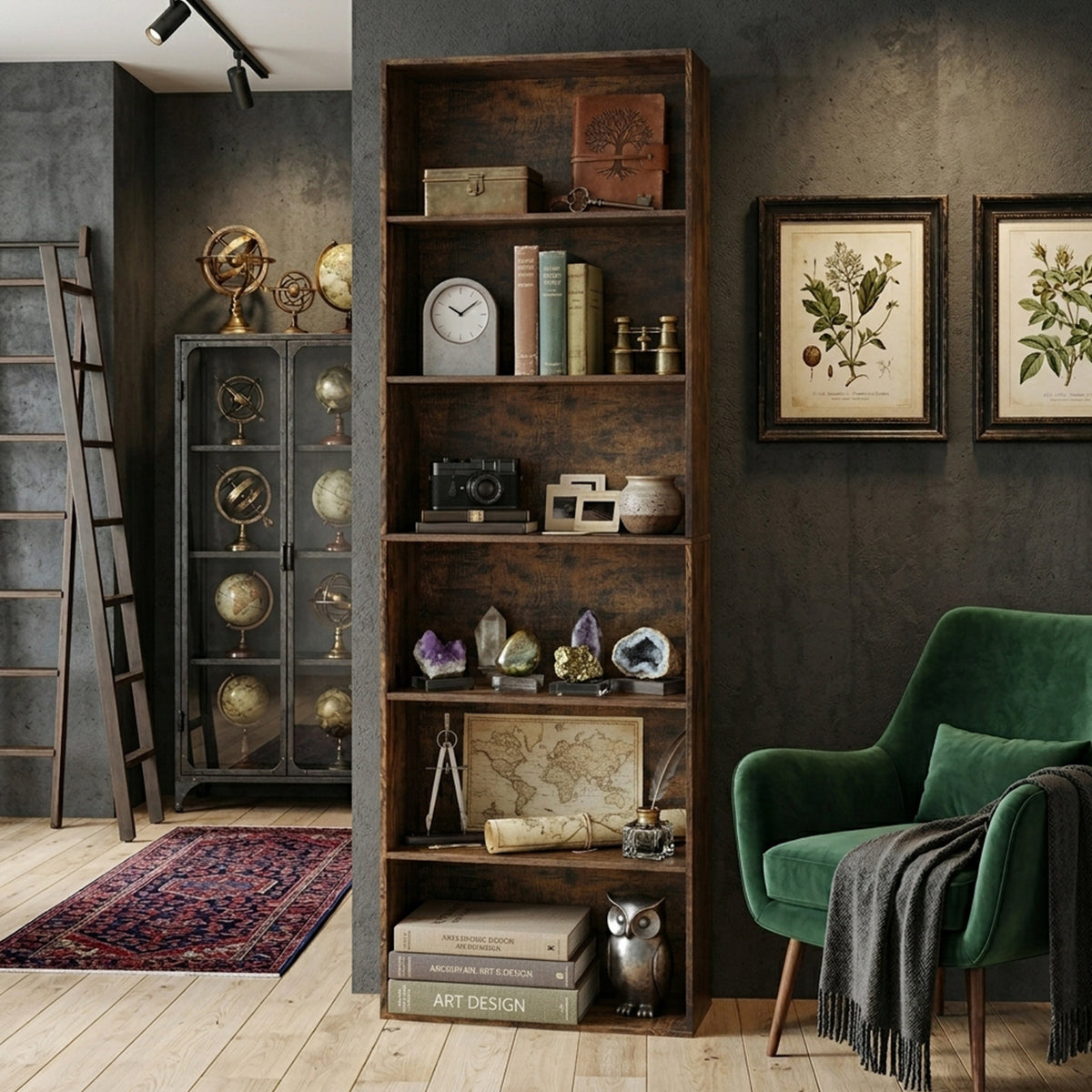 6 Tier Bookcase 178cm Tall Floor Standing Book Storage Organiser Rustic Brown