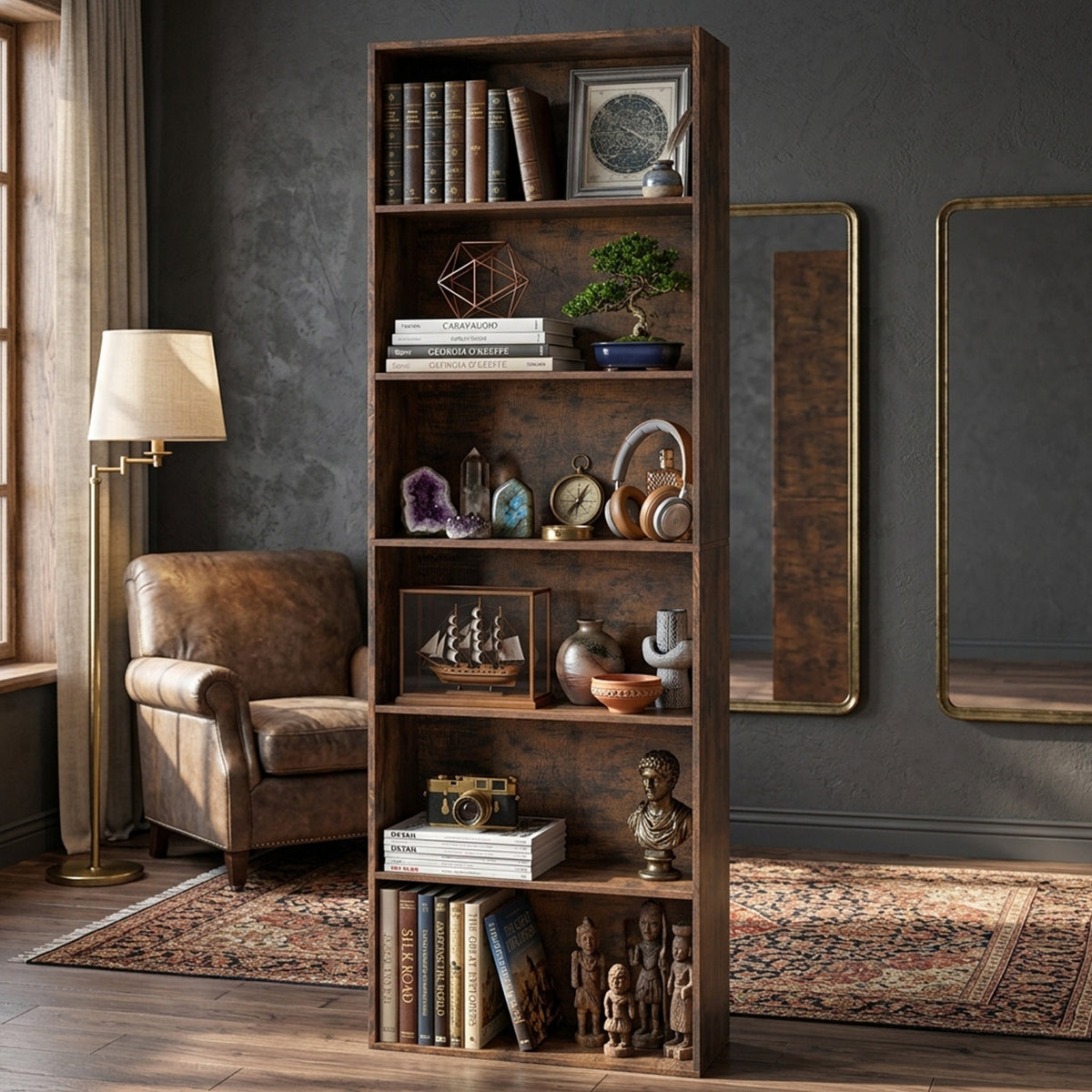 6 Tier Bookcase 178cm Tall Floor Standing Book Storage Organiser Rustic Brown