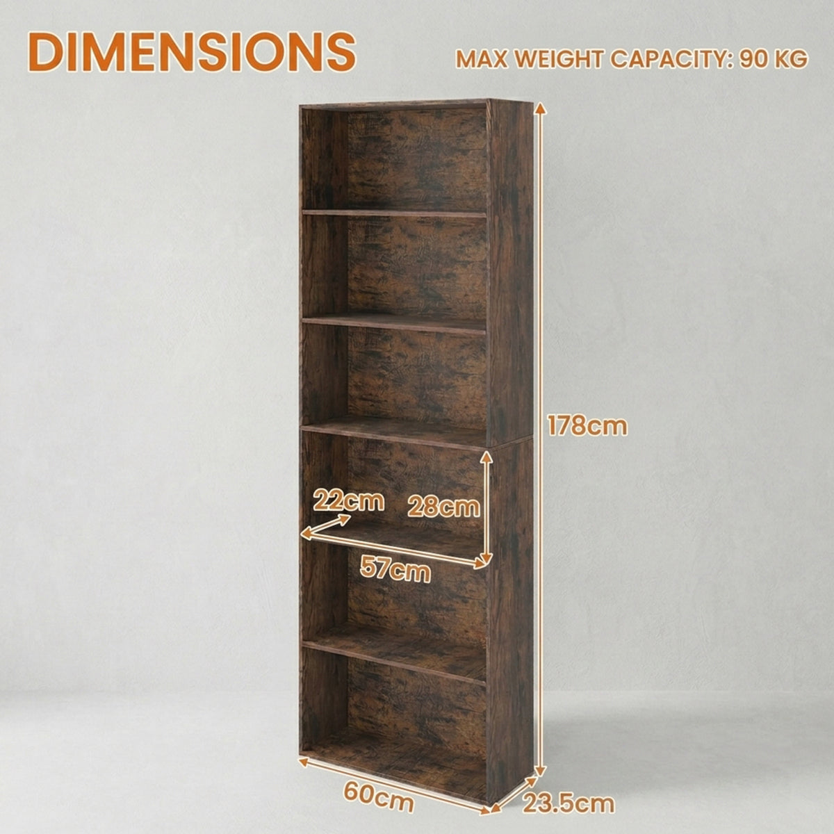 6 Tier Bookcase 178cm Tall Floor Standing Book Storage Organiser Rustic Brown