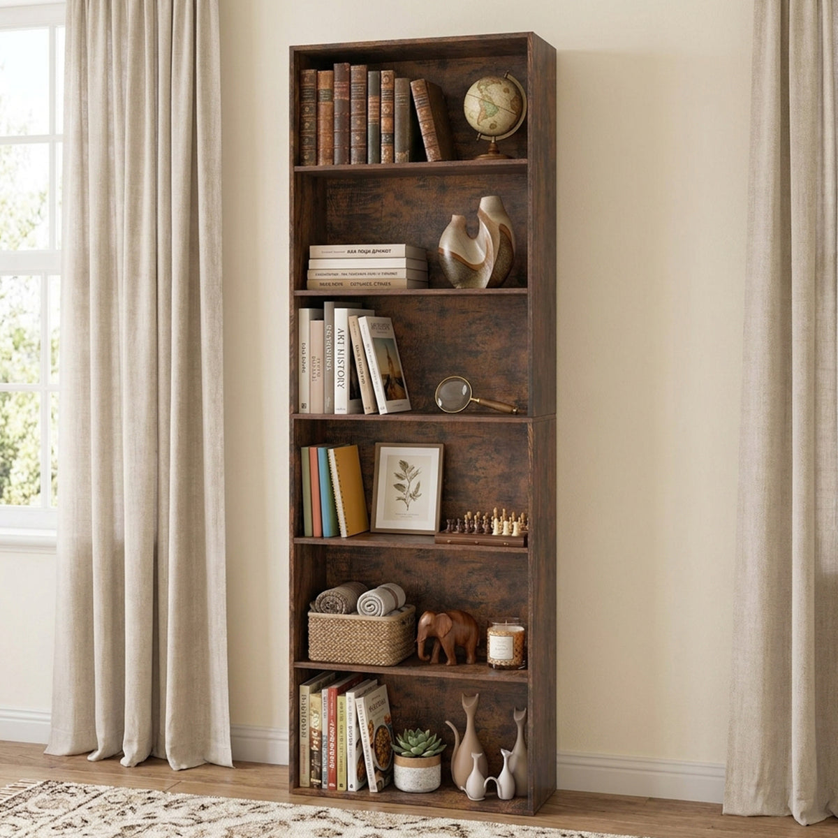 6 Tier Bookcase 178cm Tall Floor Standing Book Storage Organiser Rustic Brown
