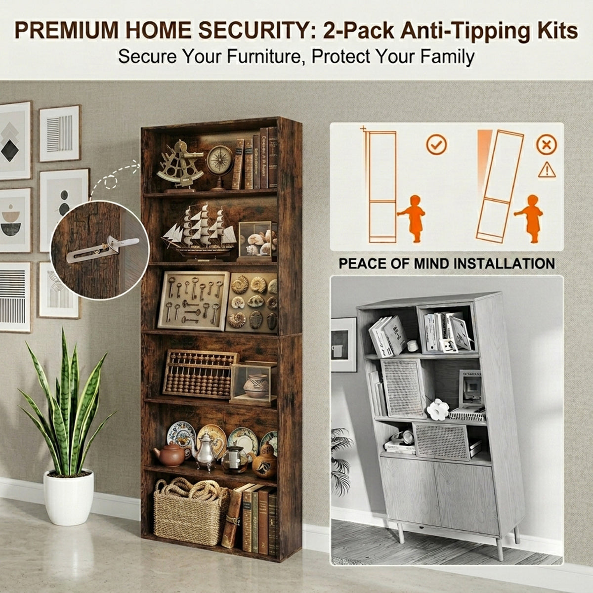 6 Tier Bookcase 178cm Tall Floor Standing Book Storage Organiser Rustic Brown