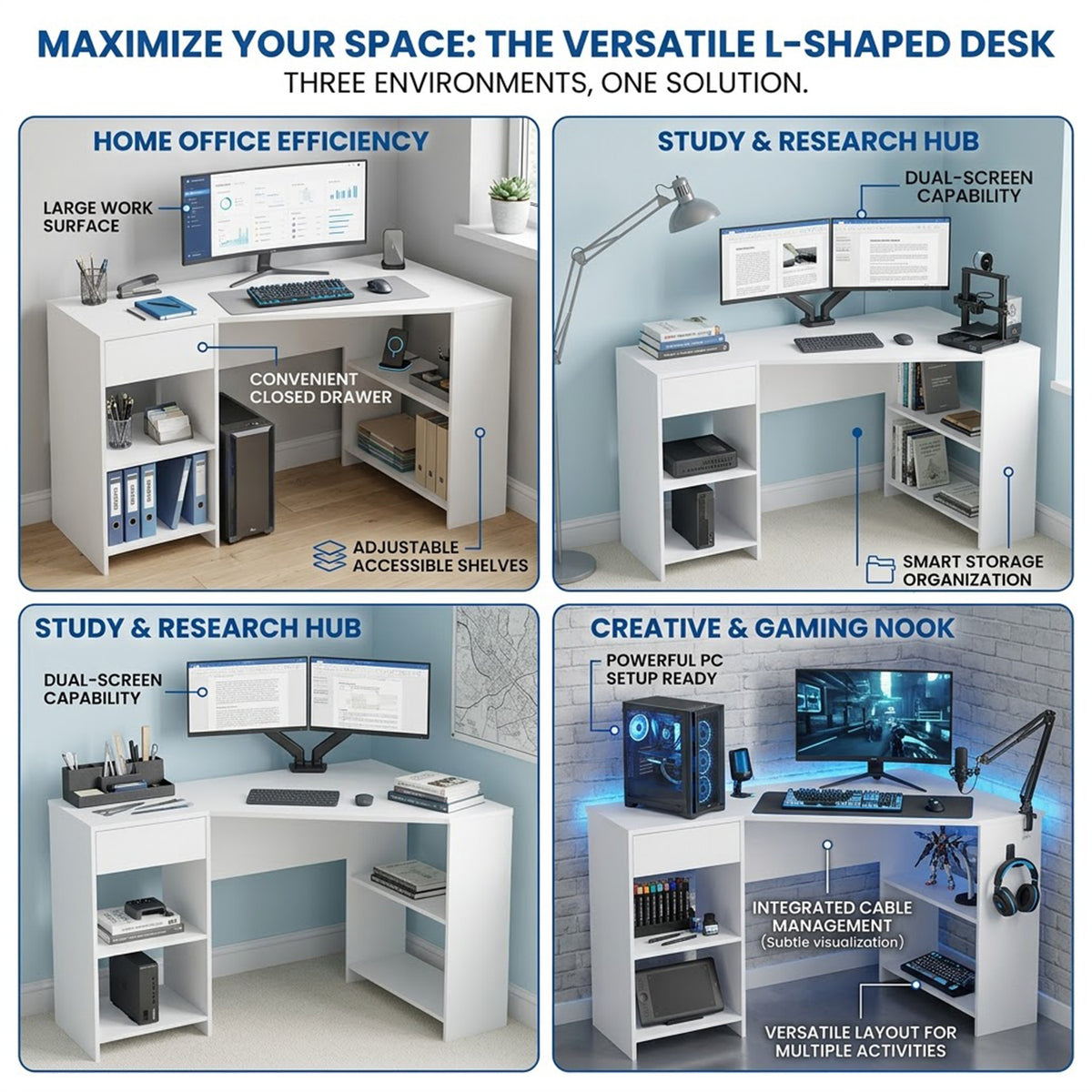 L Shaped Corner Computer Desk with Storage Shelves & Drawer Home Office White