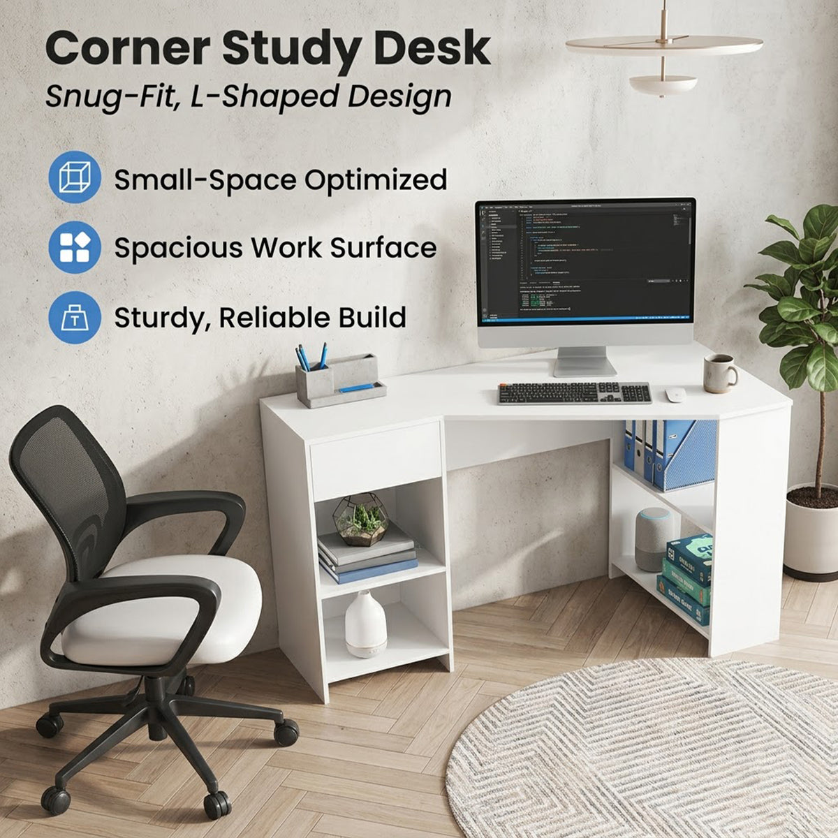L Shaped Corner Computer Desk with Storage Shelves & Drawer Home Office White