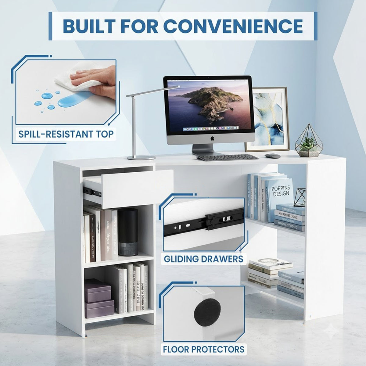L Shaped Corner Computer Desk with Storage Shelves & Drawer Home Office White