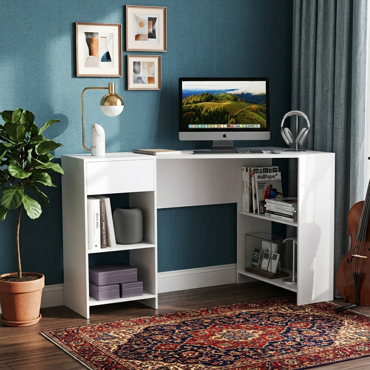 L Shaped Corner Computer Desk with Storage Shelves & Drawer Home Office White