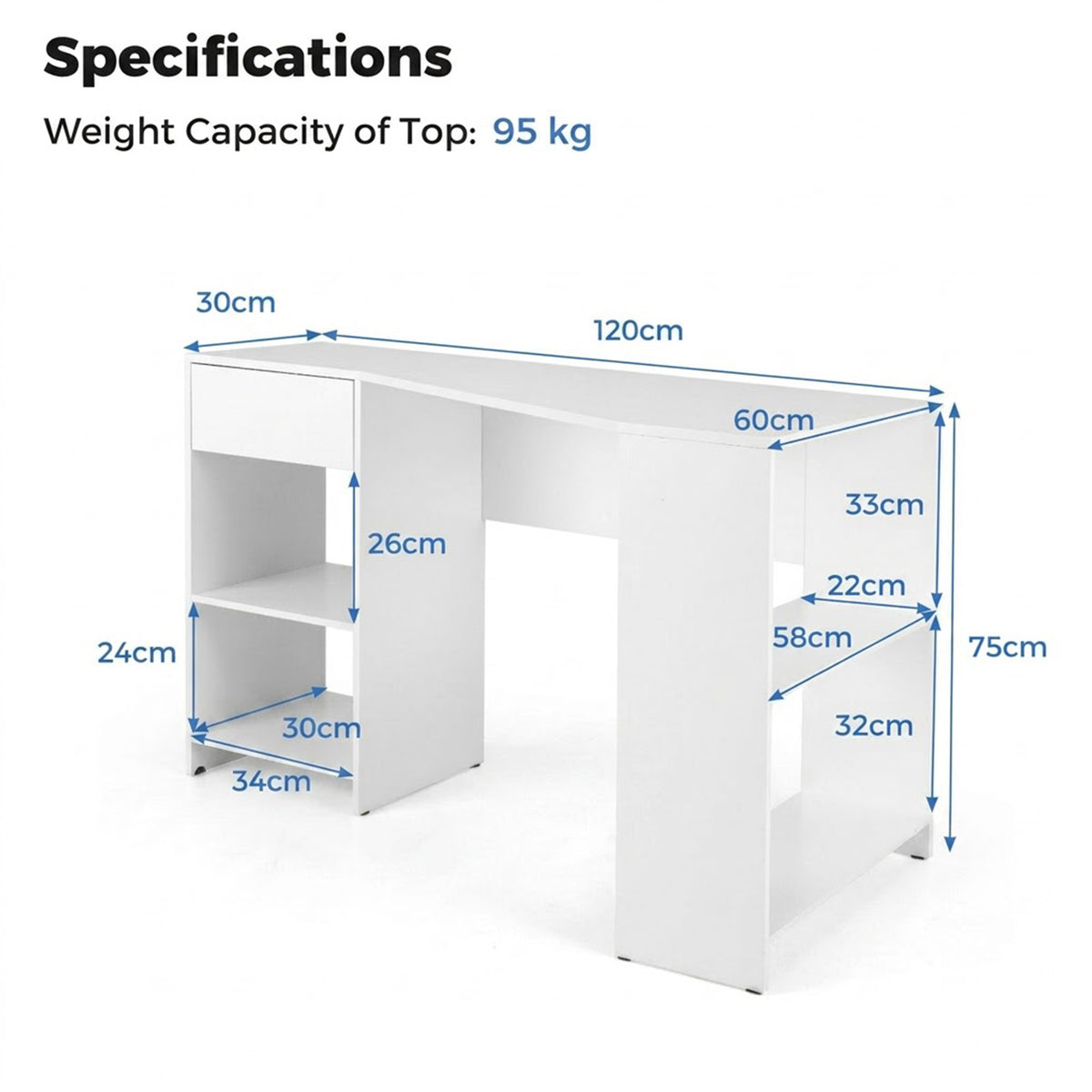 L Shaped Corner Computer Desk with Storage Shelves & Drawer Home Office White