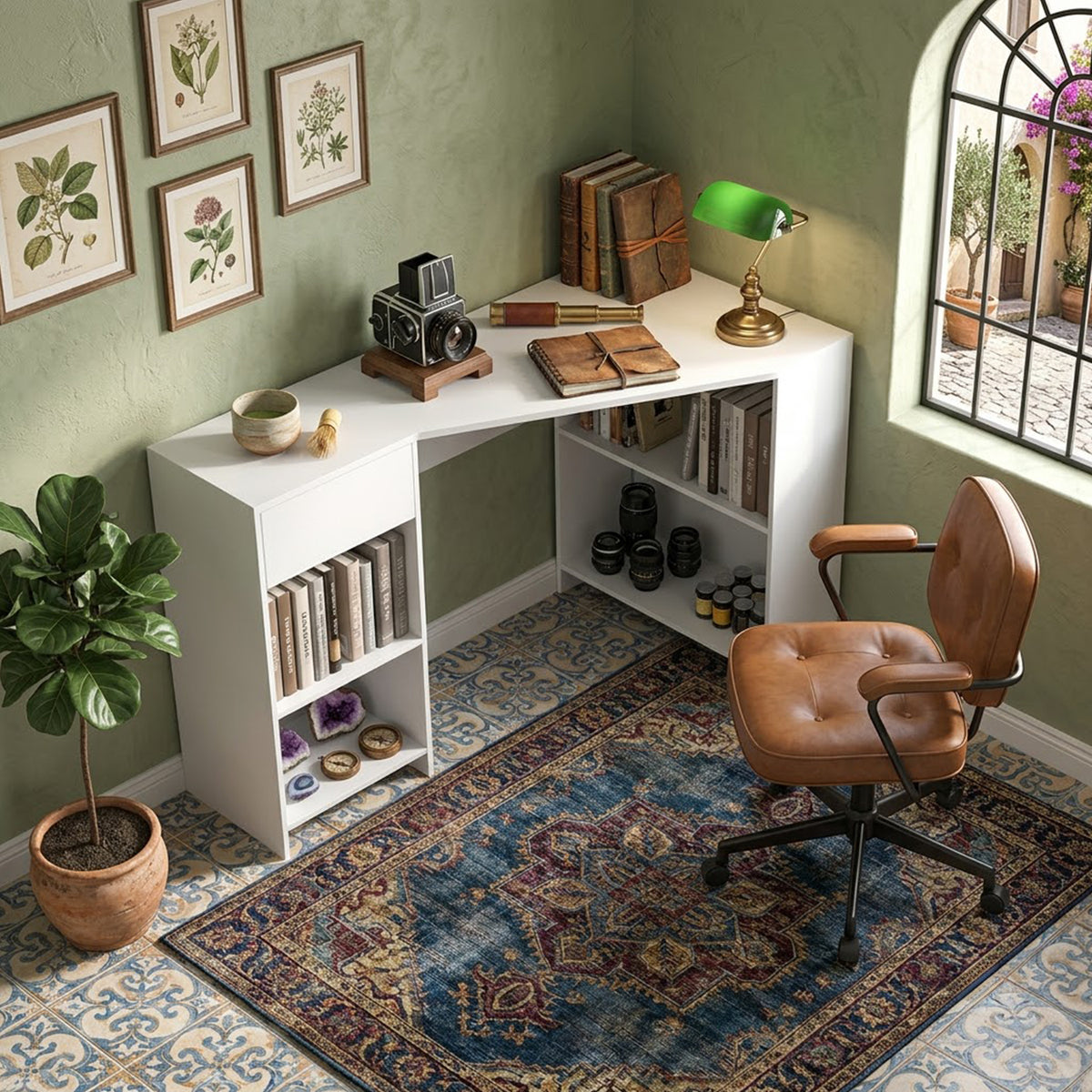 L Shaped Corner Computer Desk with Storage Shelves & Drawer Home Office White