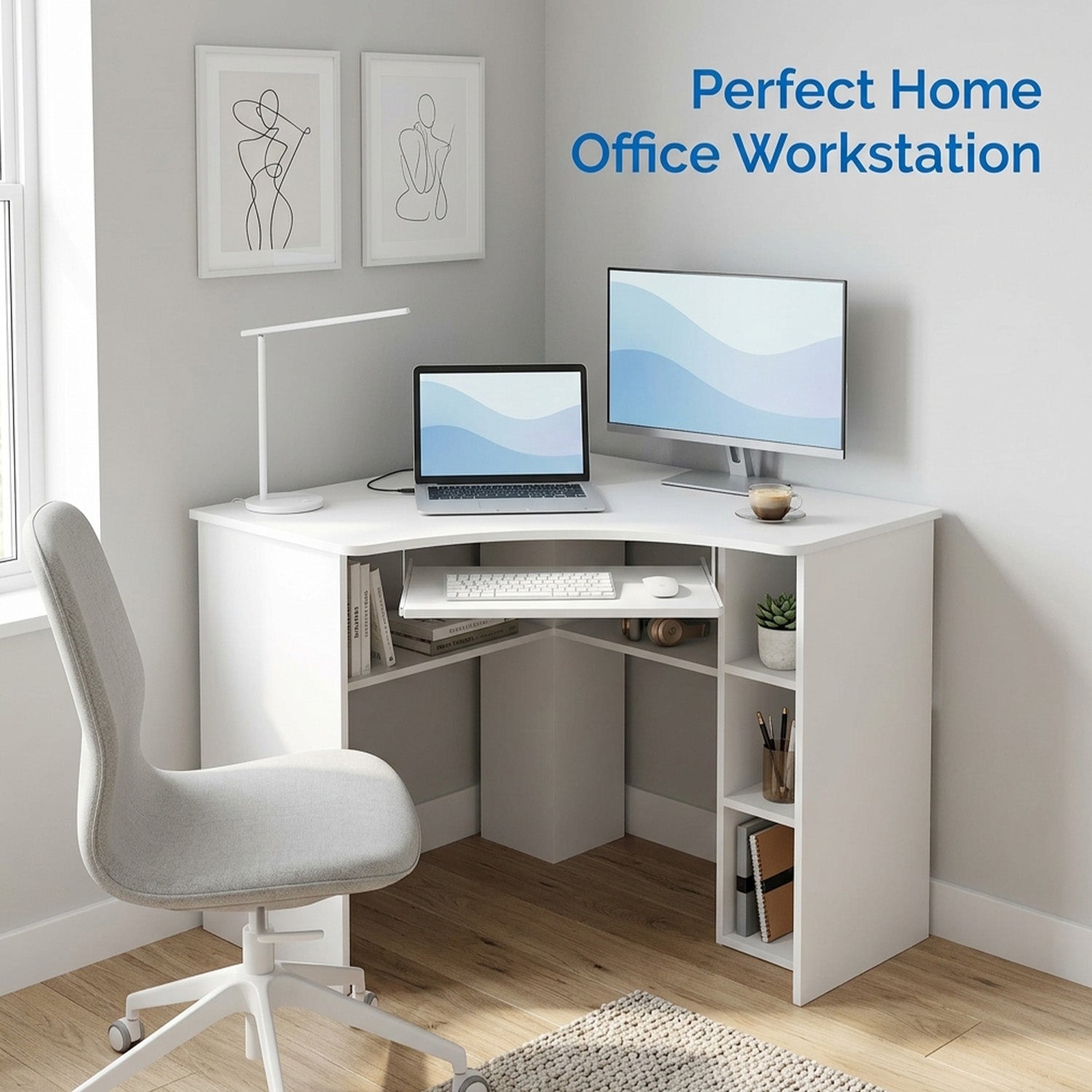 Corner Triangle Computer Desk with Storage Shelves Home Office Study Table White