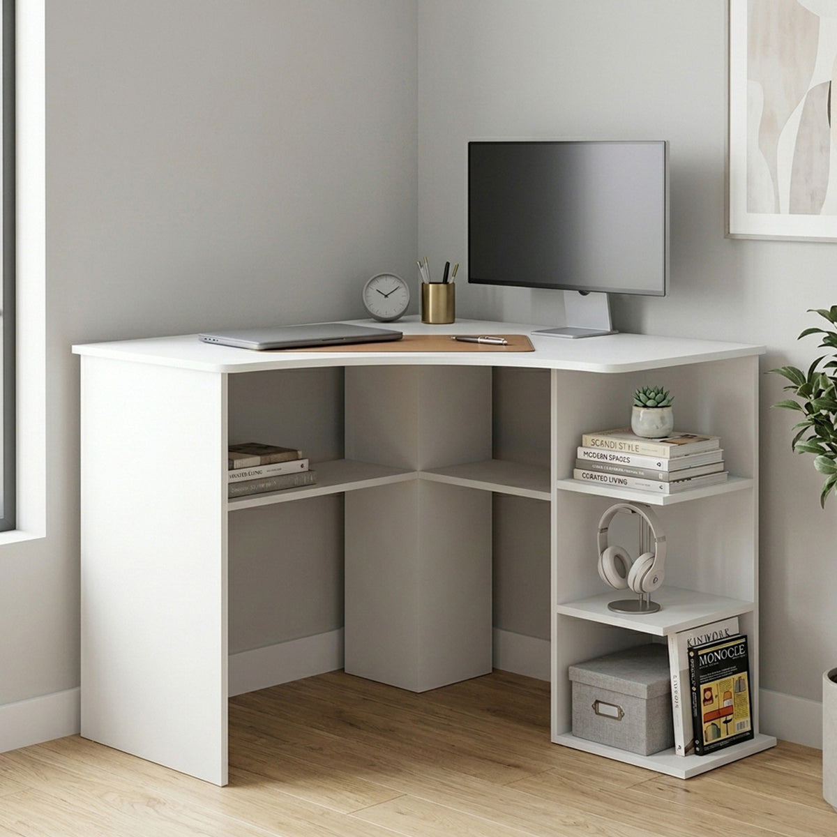 Corner Triangle Computer Desk with Storage Shelves Home Office Study Table White