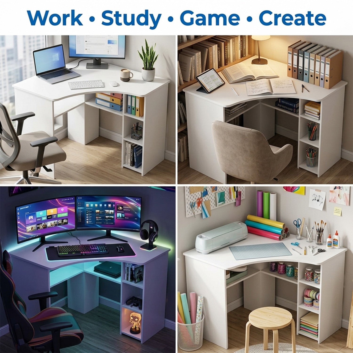 Corner Triangle Computer Desk with Storage Shelves Home Office Study Table White