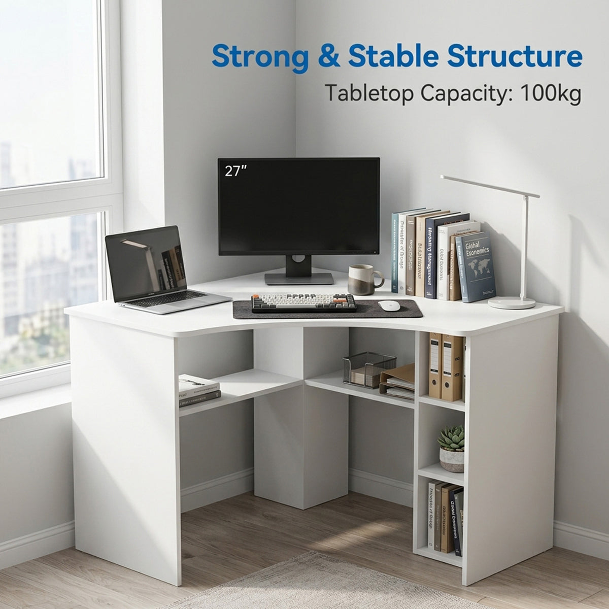 Corner Triangle Computer Desk with Storage Shelves Home Office Study Table White