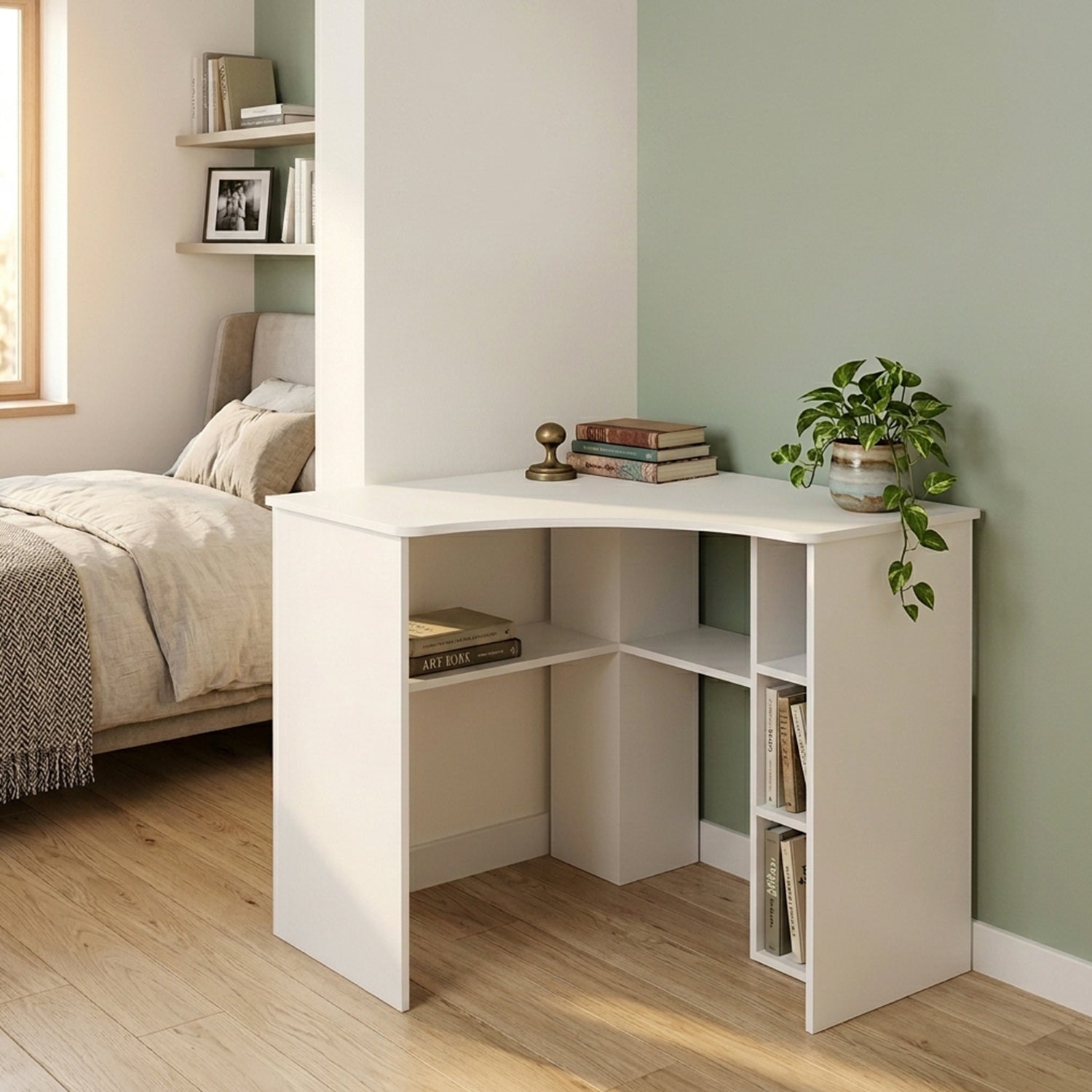 Corner Triangle Computer Desk with Storage Shelves Home Office Study Table White