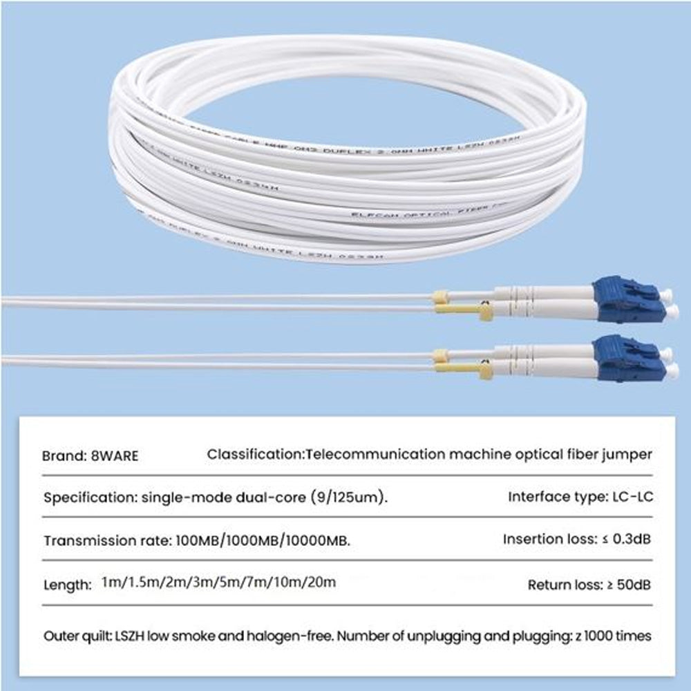 8ware 1.5m LC-LC OS2 Single Mode Dual Core Fibre Optic Patch Cable UPC Duplex Armoured Low Smoke Zero Halogen LSZH White