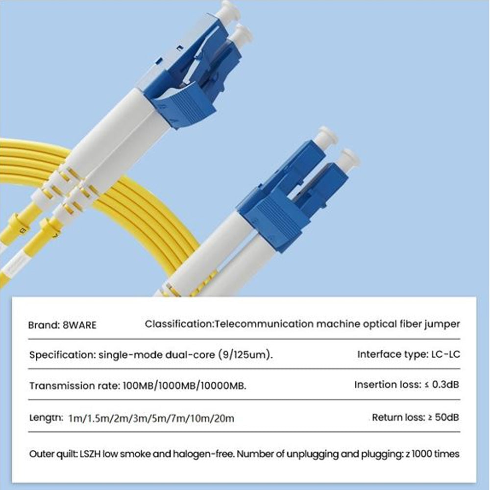 8Ware 10m LC to LC OS2 Single Mode Dual Core Duplex Fibre Optic Cable UPC Armoured Low Smoke Zero Halogen Jacket Yellow
