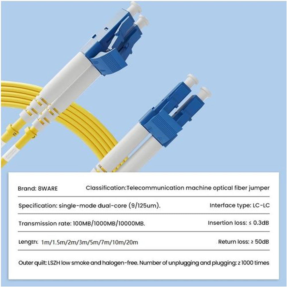 8Ware 20m LC to LC OS2 Singlemode Dual Core Fibre Optic Cable UPC Duplex Armoured Low Smoke Zero Halogen Jacket Yellow