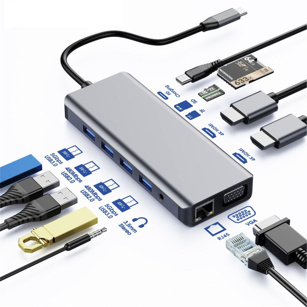 Astrotek 12-in-1 USB-C Docking Station Multiport Hub 100W Power 2xHDMI 4K VGA GLAN USB3.0 Card Reader for HP Lenovo MacBook