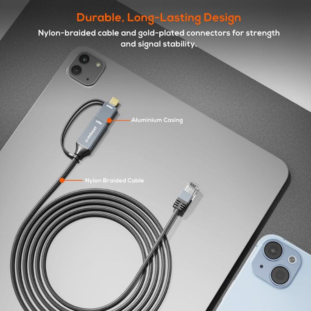 mbeat Tough Link 3m 2 in 1 USB A and USB-C to RJ45 Gigabit Ethernet Network Cable Nylon Braided Gold Plated Space Grey