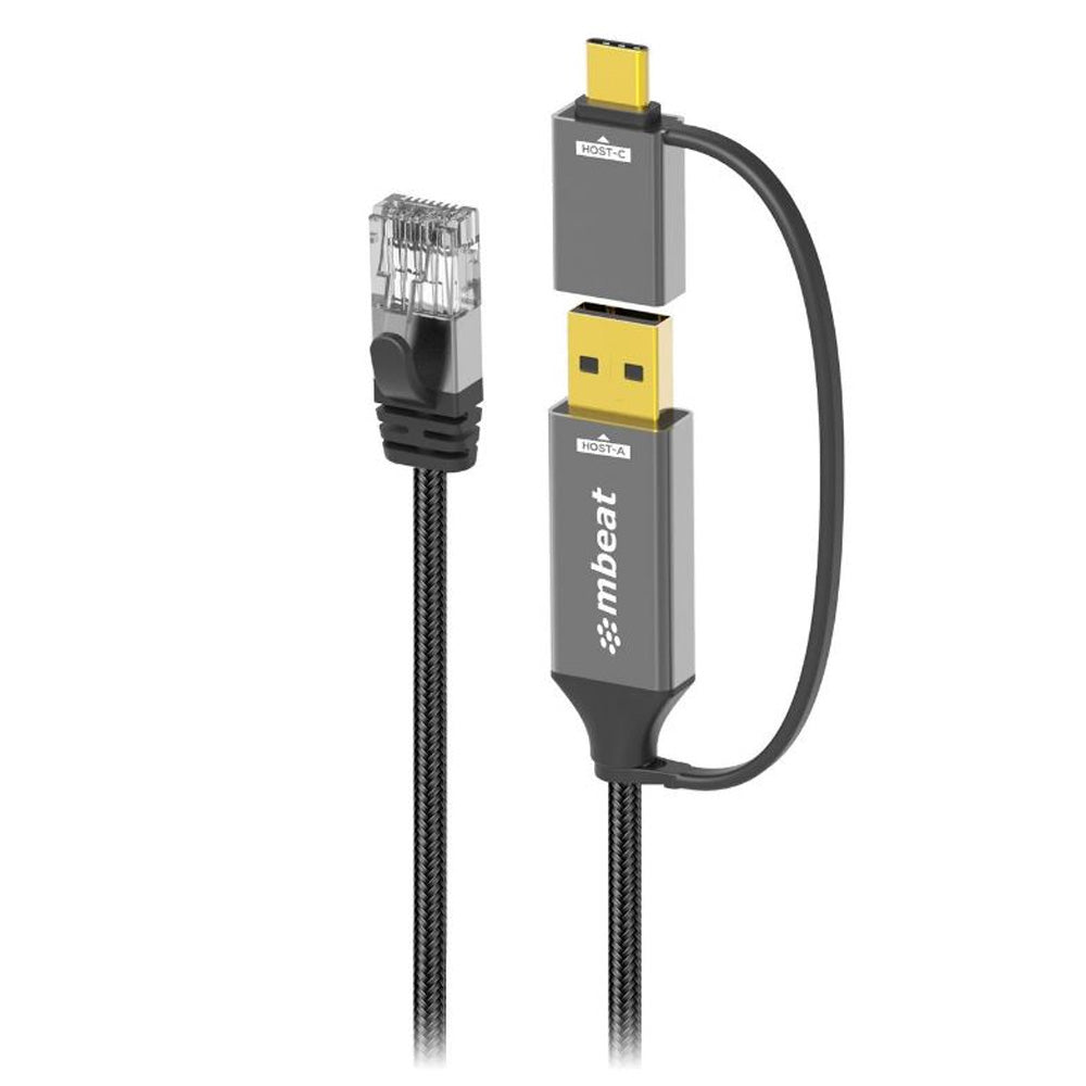 mbeat Tough Link 3m 2 in 1 USB A and USB-C to RJ45 Gigabit Ethernet Network Cable Nylon Braided Gold Plated Space Grey