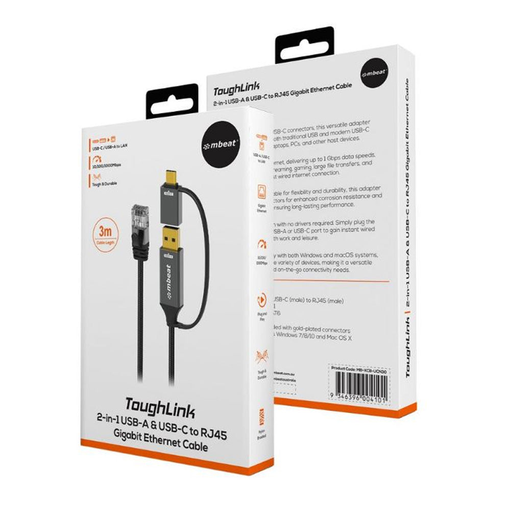 mbeat Tough Link 3m 2 in 1 USB A and USB-C to RJ45 Gigabit Ethernet Network Cable Nylon Braided Gold Plated Space Grey