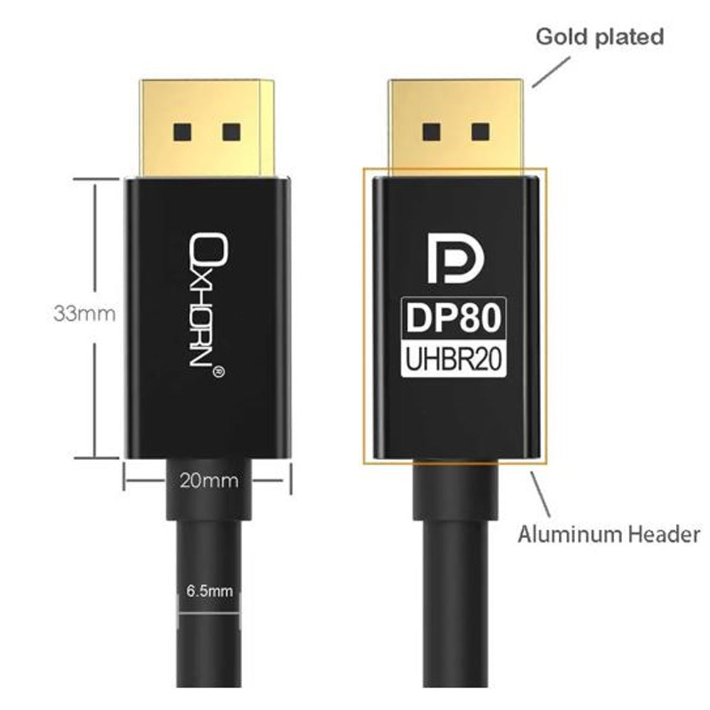 Oxhorn 4K DisplayPort 2.1 DP80 Cable 3m Male to Male 16K 60Hz Gold Plated Aluminum VESA Certified Black