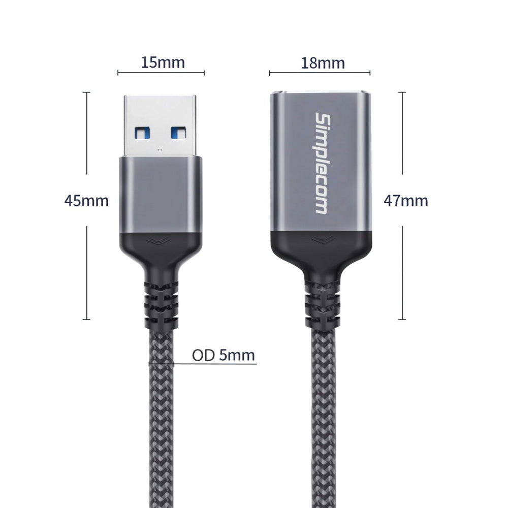 Simplecom CAU320 2.0M USB 3.0 Extension Cable USB-A Male to USB-A Female Nylon Braided Aluminium Shell