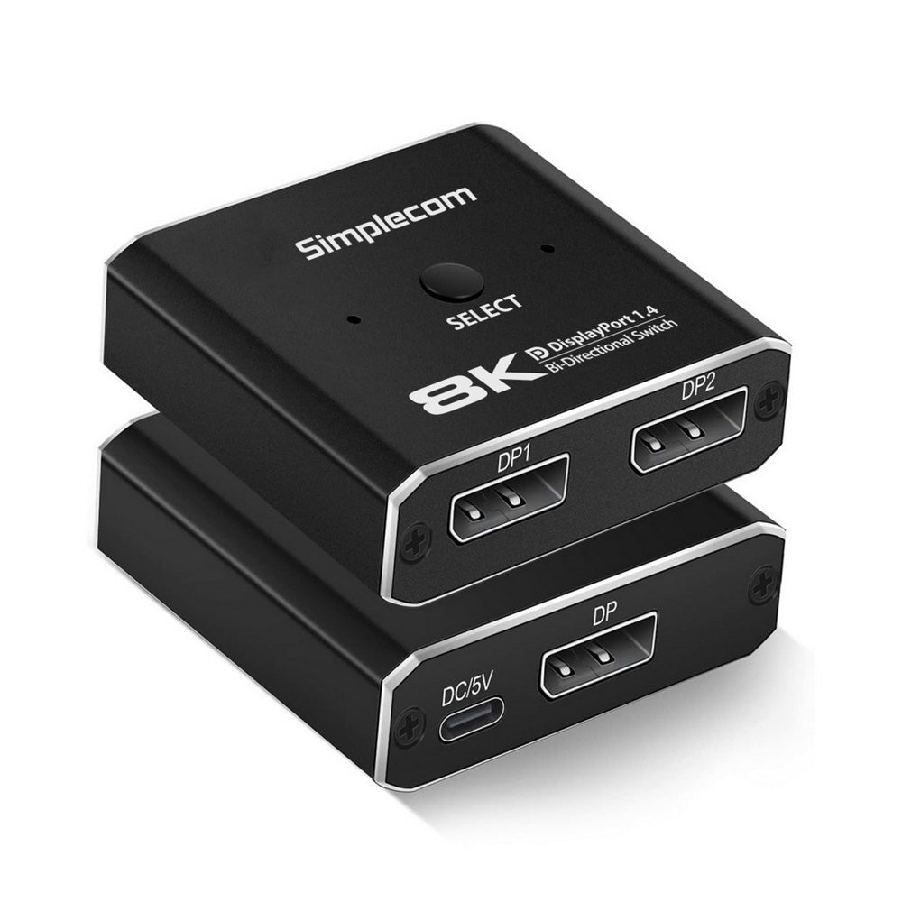 Simplecom CM202 Bi-Directional 2 Way DisplayPort Switch Selector DP 1.4 8K@30Hz HDR USB Powered Alloy