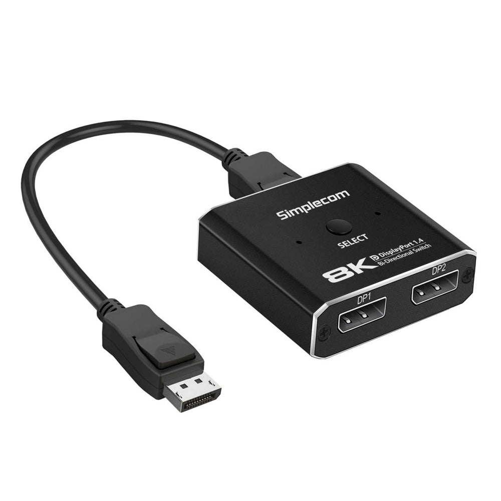 Simplecom CM202 Bi-Directional 2 Way DisplayPort Switch Selector DP 1.4 8K@30Hz HDR USB Powered Alloy